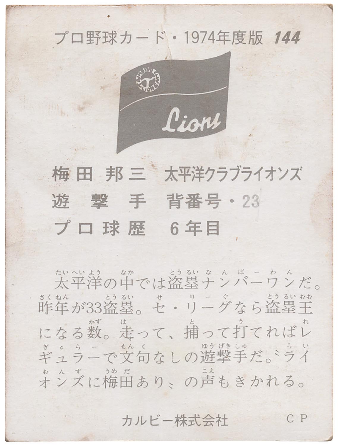 カルビー野球カード 74年 No.144 梅田邦三 (太平洋クラブライオンズ) スポーツ選手
