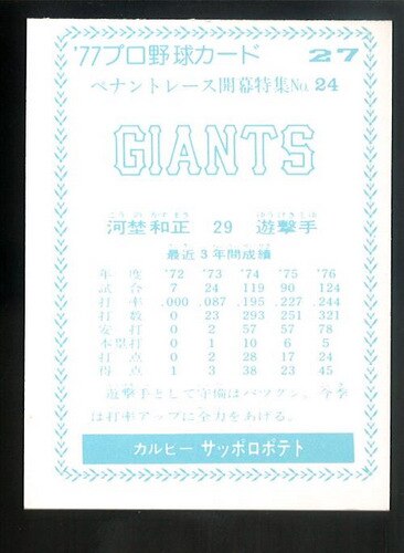 カルビー プロ野球カード 1977年度版 NO．27 河埜和正