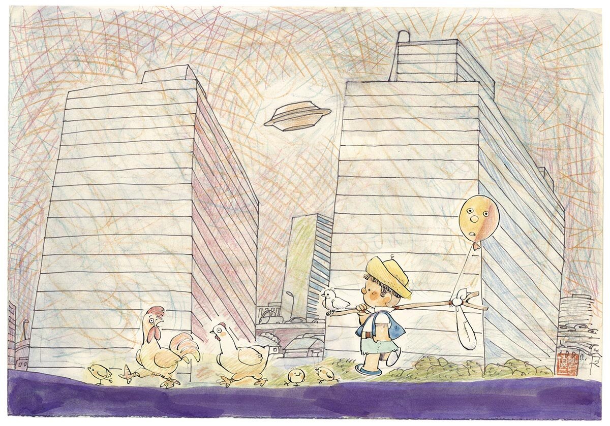 永島慎二直筆カラーイラスト 旅人くん Ufo