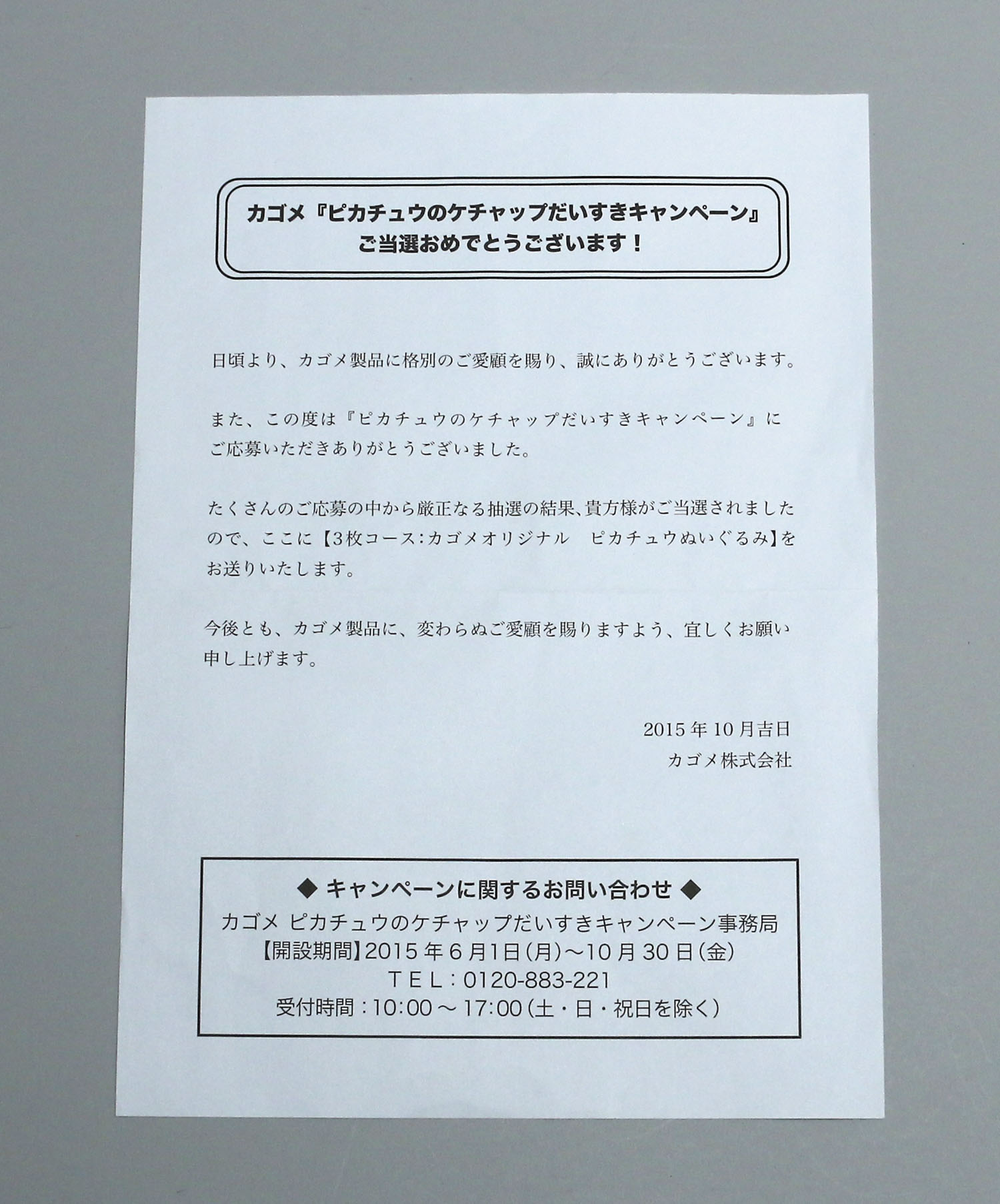 カゴメ ケチャップにムチュウキャンペーン ピカチュウぬいぐるみ