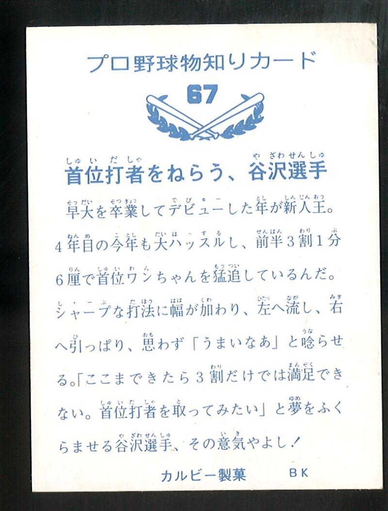 カルビー プロ野球カード 1973年度版 №67 谷沢健一 バット