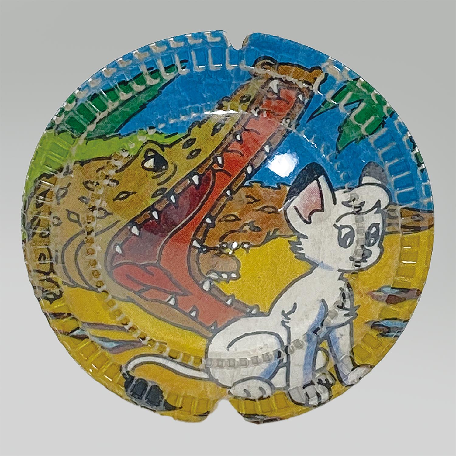 浮世絵！ジャングル大帝レオうちわ 2143］ 明治製菓 ジャングル大帝 円盤飛ばし ワニとレオ