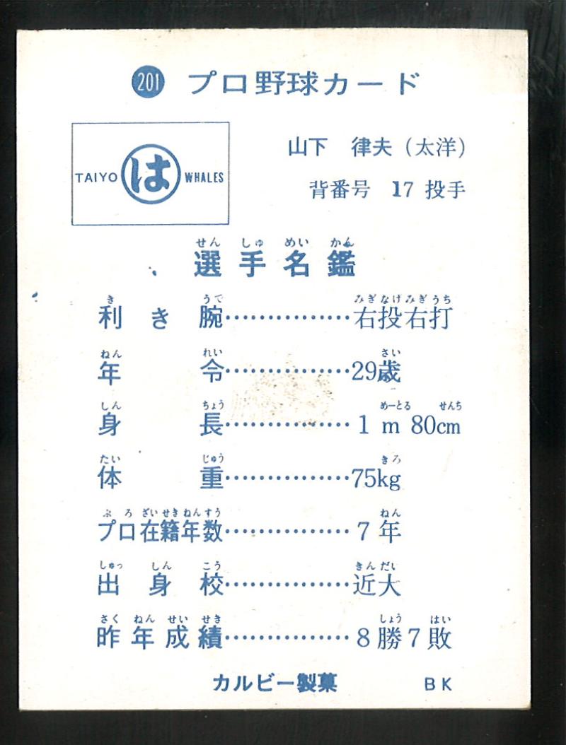 カルビー プロ野球カード 1973年度版 №201 山下律夫