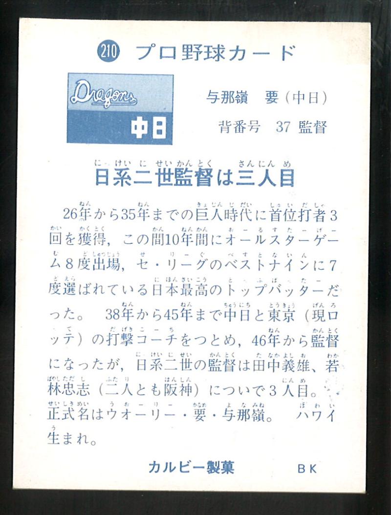 激レア 地方限定版 73年 カルビープロ年野球カード NO.210