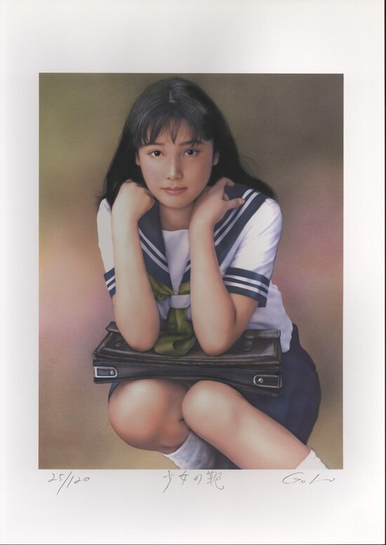 【年中無休】 石川吾郎 直筆サイン入りカラー複製イラスト「少女の鞄」 サイン、直筆画