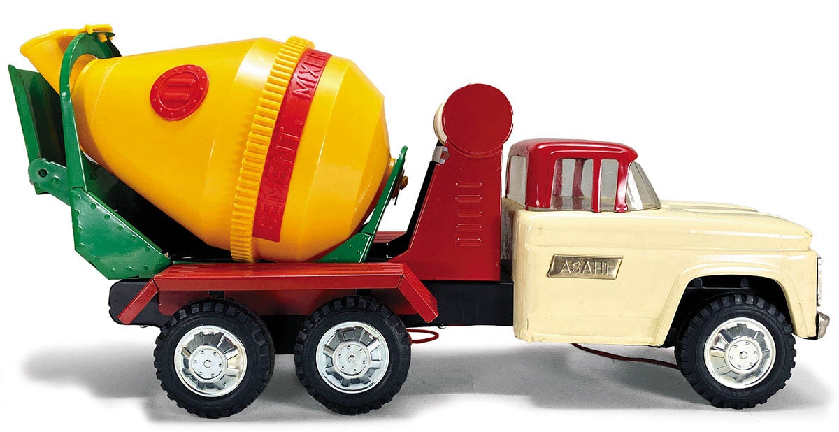 特大　昭和レトロ　ブリキ製トラック（日本製、アサヒ玩具製）　セメントミキサー車 アサヒ玩具 シボレー ミキサー車 ブリキ トラック大型 アサヒ玩具