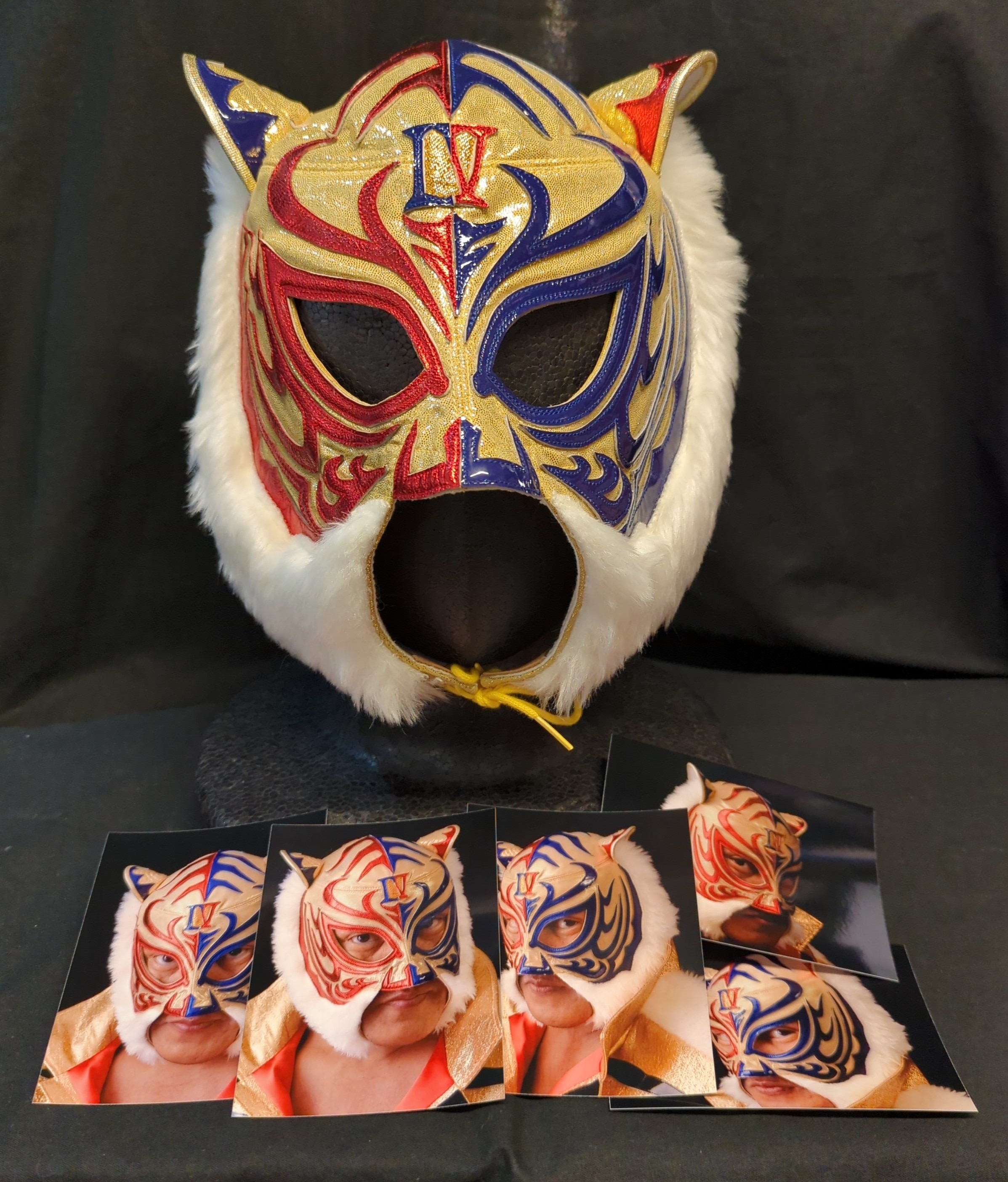 プロレスマスク YN製【4代目タイガーマスク(金特殊生地×赤・青フチ)】 タグ付き 本人使用 サイン入り 着用写真付き  2021年7月15日東京ドーム大会 | まんだらけ Mandarake