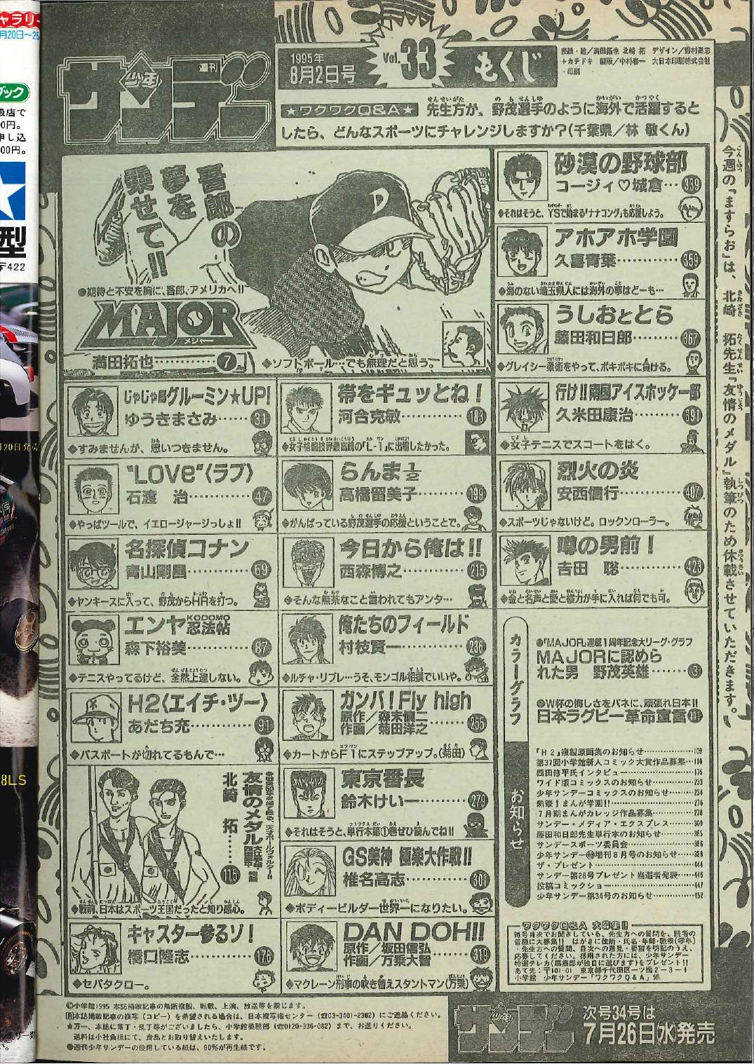 小学館 1995年(平成7年)の漫画雑誌 『週刊少年サンデー1995年(平成7年)33 9533』