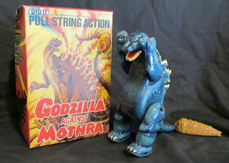 Billiken Godzilla Against Mothra Tin Toy Pull String Windup 