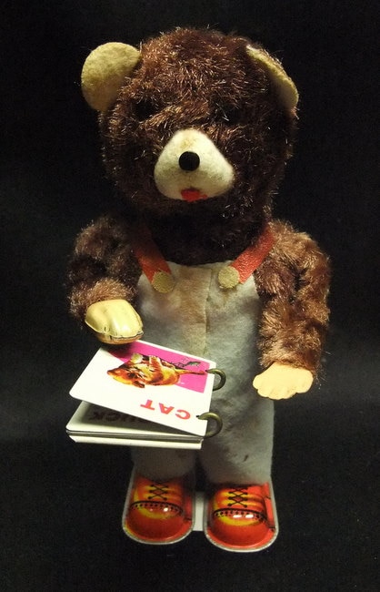 mandarake | alps wind-up toy tin cubby reading bear / light blue