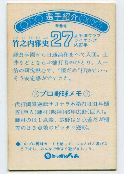 ニッポンハム 75-76年度 太平洋クラブライオンズ 竹之内雅史 前期
