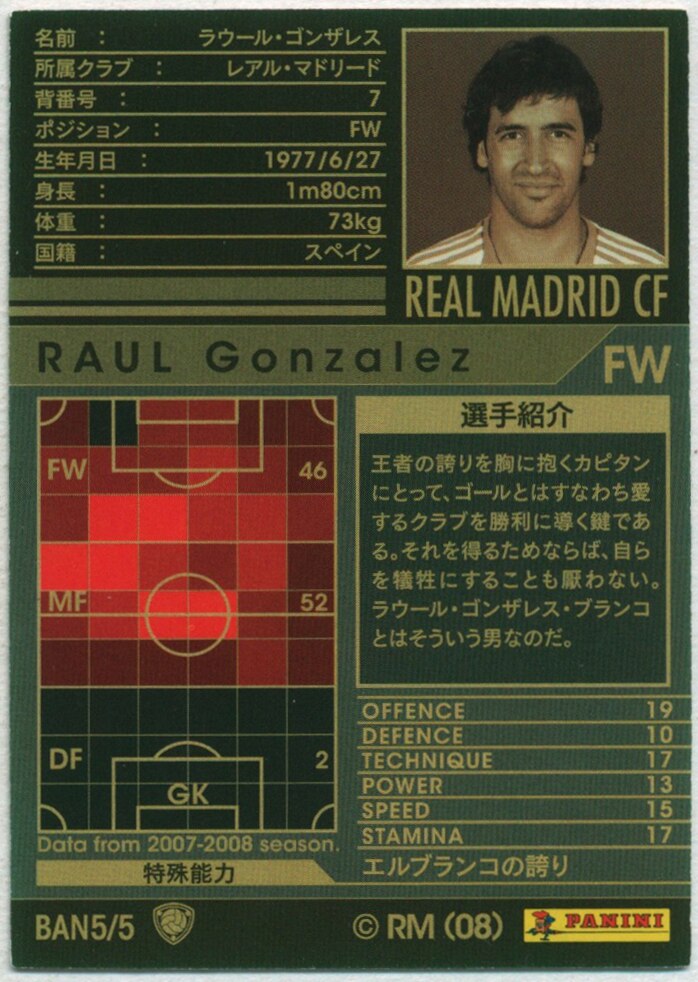 Sega 07 08 Wccf Raul Gonzalez Ban5 Mandarake 在线商店